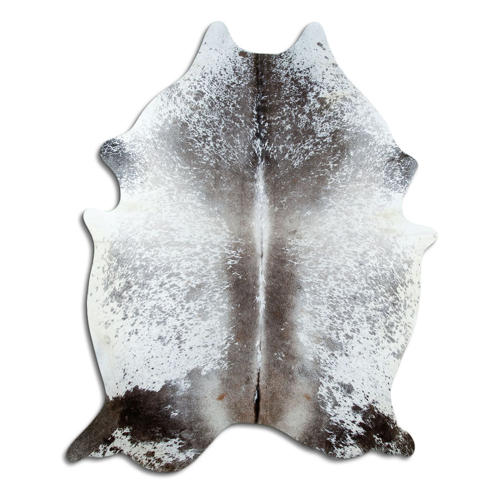 Salt and pepper cowhide rug of about 210 × 160 cm, seen from above: the exact hide you receive