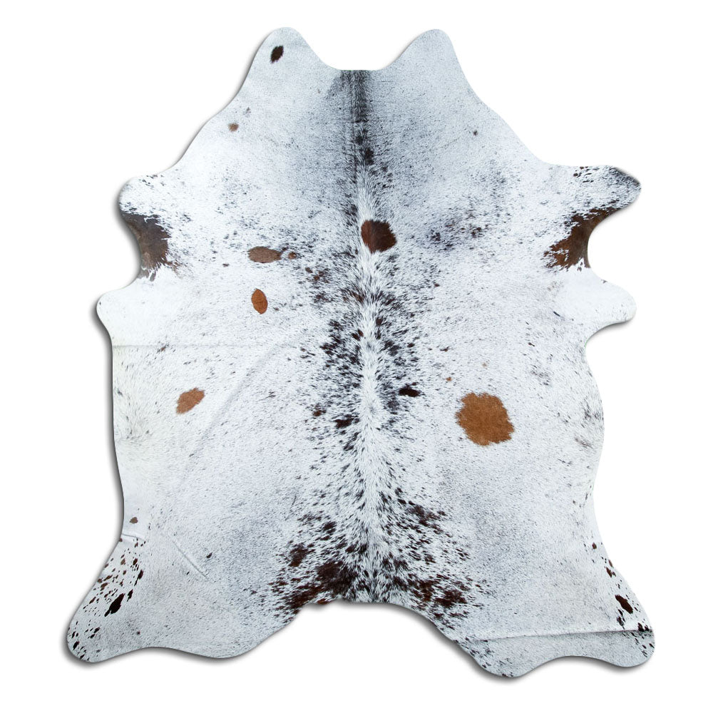 Salt and pepper cowhide rug of about 220 × 200 cm, seen from above: the exact hide you receive