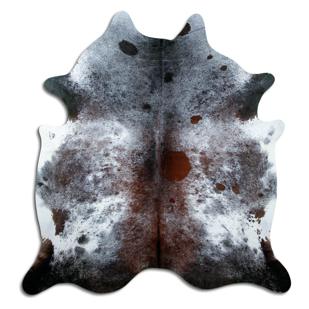 Salt and pepper cowhide rug of about 220 × 210 cm, seen from above: the exact hide you receive