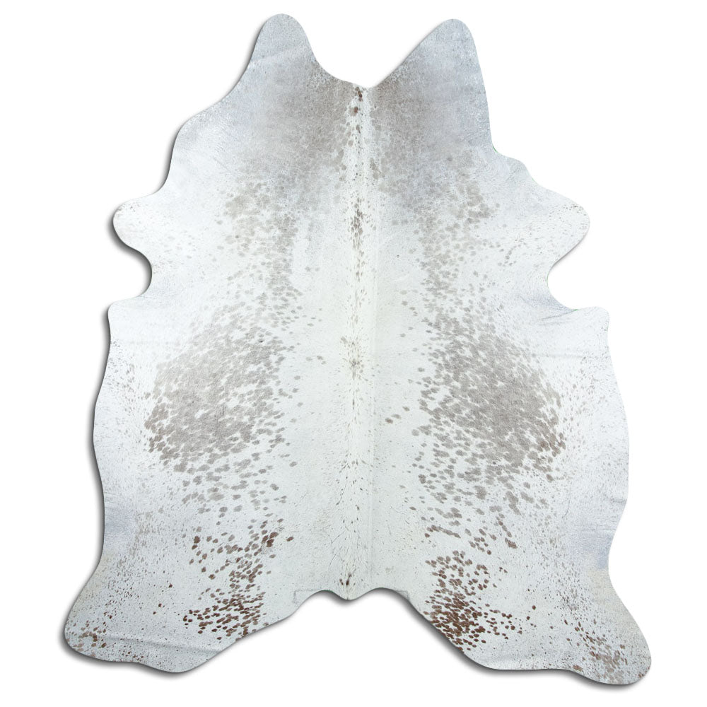 Salt and pepper cowhide rug of about 230 × 200 cm, seen from above: the exact hide you receive