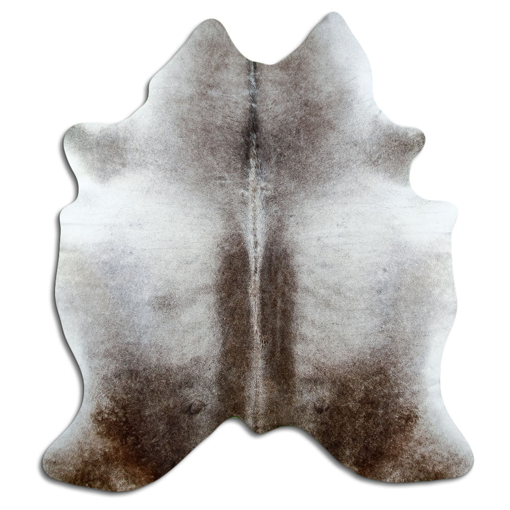 Tan and grey cowhide rug of about 190 × 180 cm, seen from above: the exact hide you receive