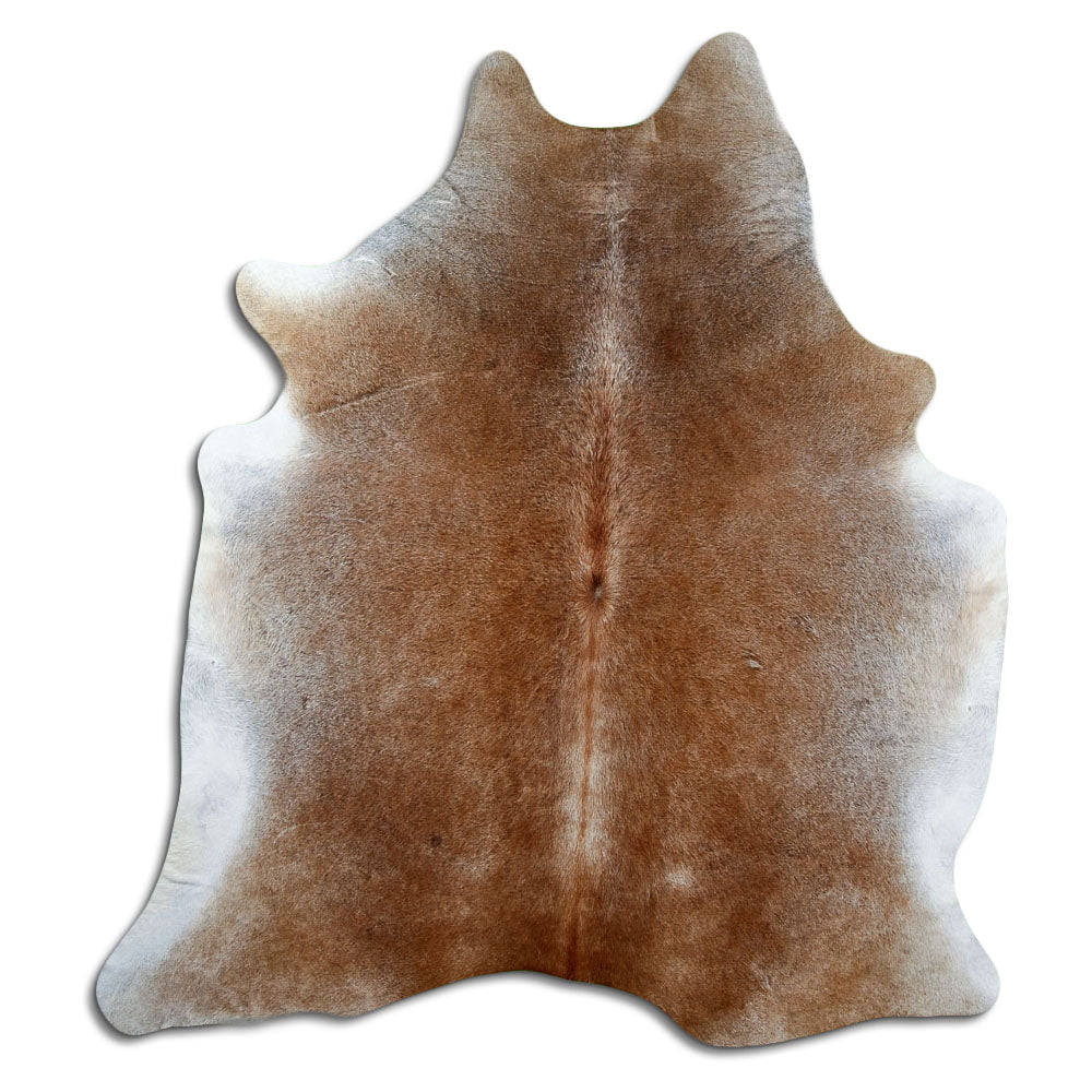 Tan and grey cowhide rug of about 190 × 170 cm, seen from above: the exact hide you receive