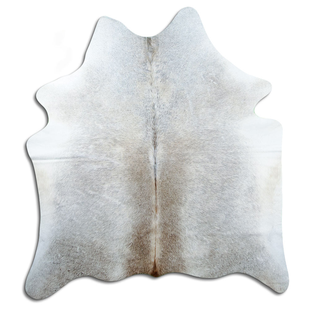 Tan and grey cowhide rug of about 170 × 160 cm, seen from above: the exact hide you receive