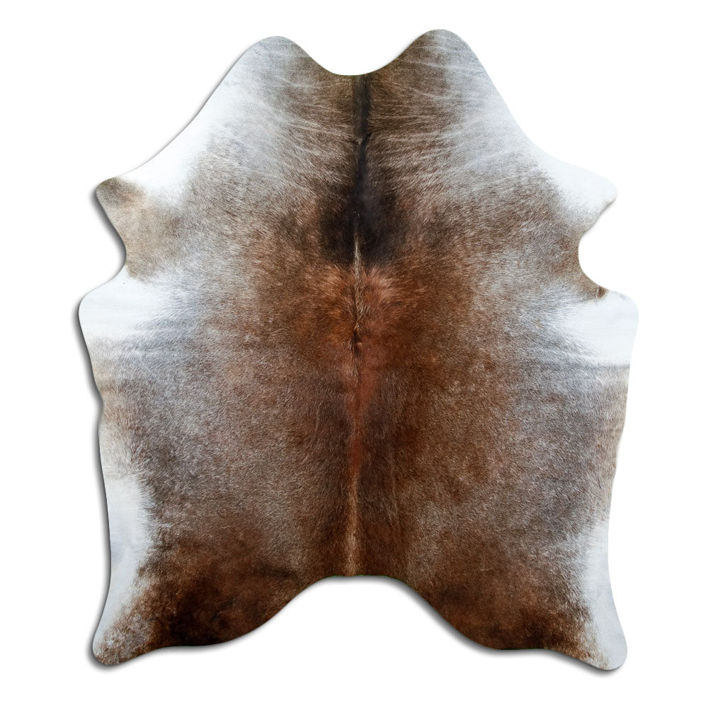 Tan and grey cowhide rug of about 170 × 140 cm, seen from above: the exact hide you receive