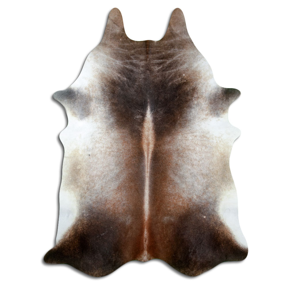 Tan and grey cowhide rug of about 230 × 180 cm, seen from above: the exact hide you receive