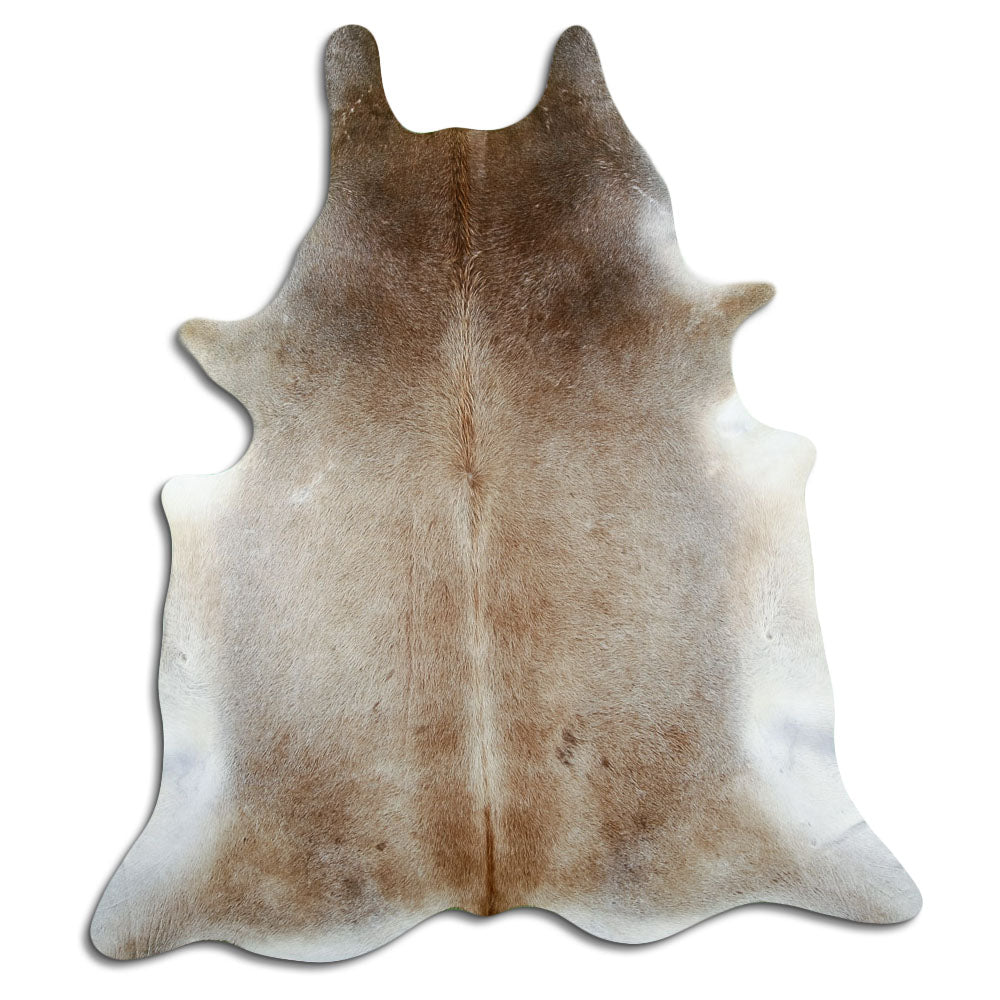 Tan and grey cowhide rug of about 230 × 200 cm, seen from above: the exact hide you receive