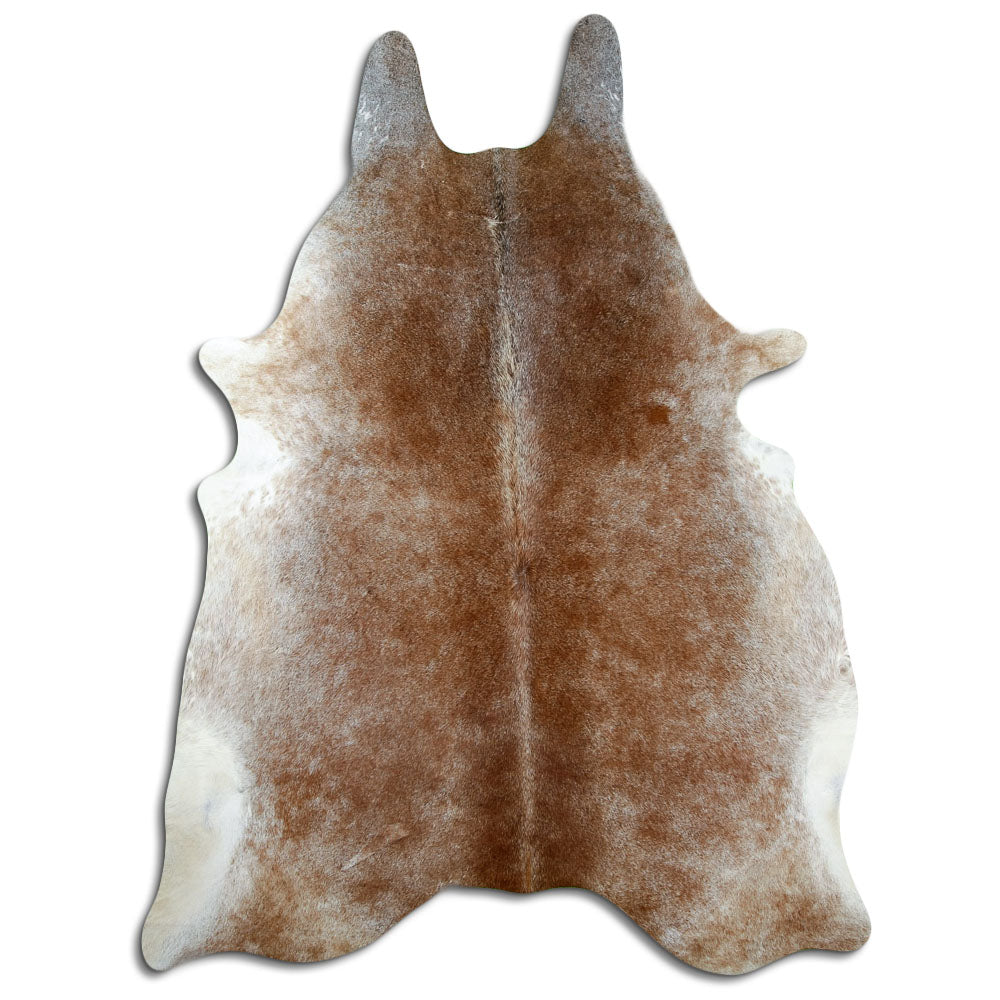 Tan and grey cowhide rug of about 230 × 180 cm, seen from above: the exact hide you receive