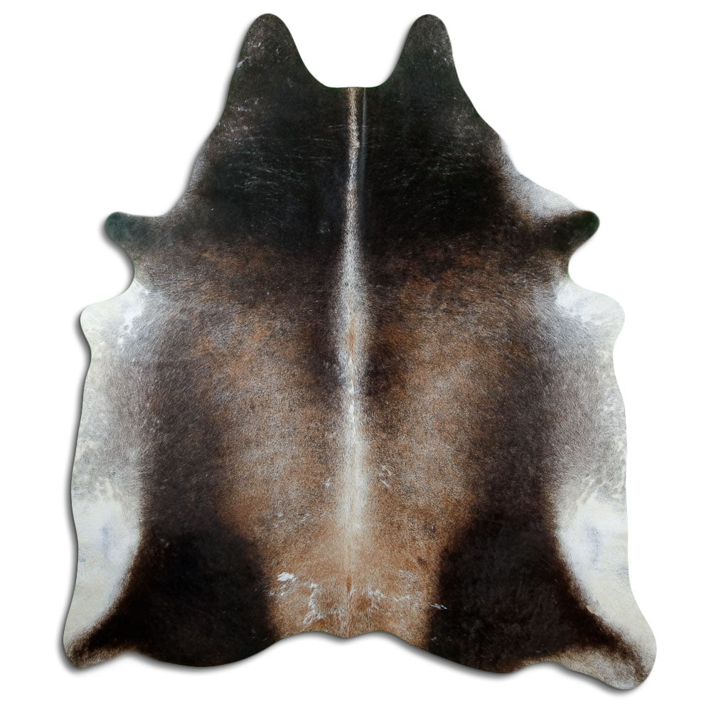 Tan and grey cowhide rug of about 220 × 190 cm, seen from above: the exact hide you receive