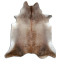 Tan and grey cowhide rug of about 250 × 220 cm, seen from above: the exact hide you receive