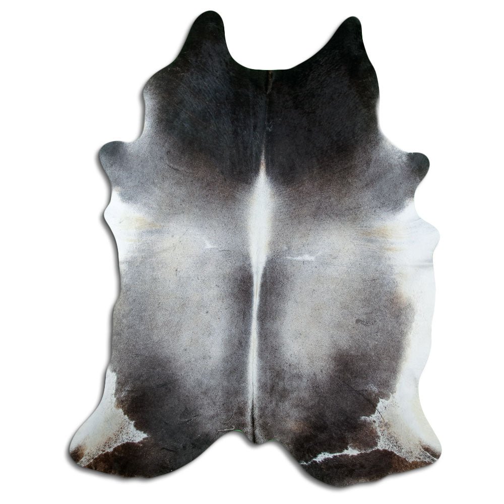 Tan and grey cowhide rug of about 240 × 190 cm, seen from above: the exact hide you receive