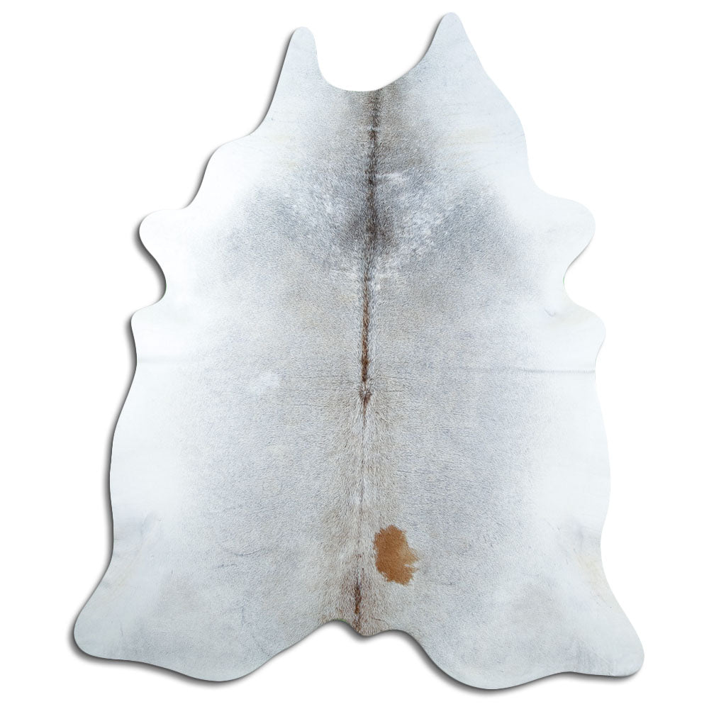Tan and grey cowhide rug of about 230 × 190 cm, seen from above: the exact hide you receive