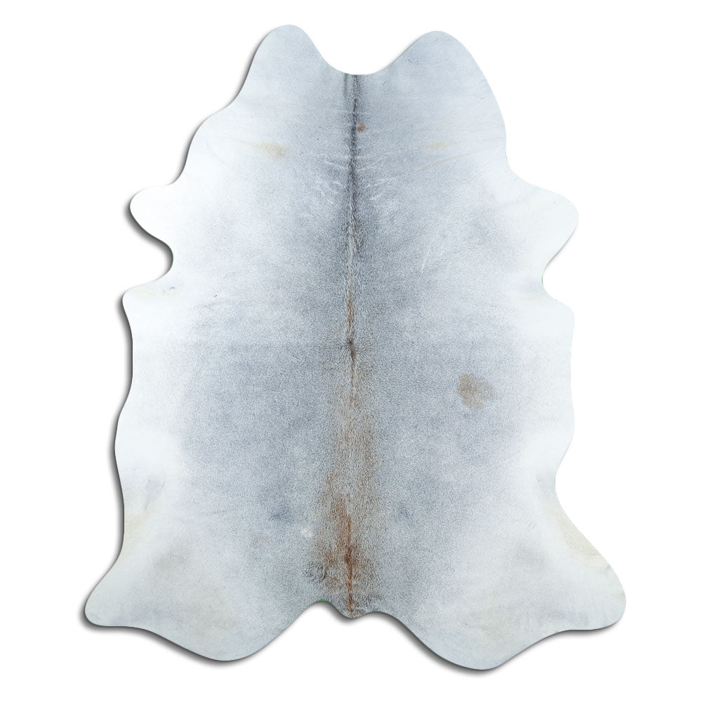 Tan and grey cowhide rug of about 230 × 190 cm, seen from above: the exact hide you receive