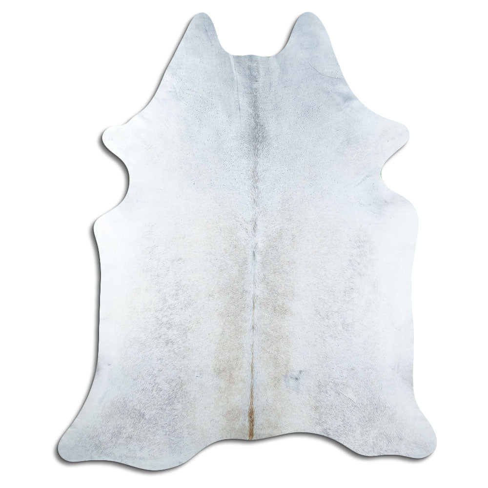 Tan and grey cowhide rug of about 230 × 190 cm, seen from above: the exact hide you receive