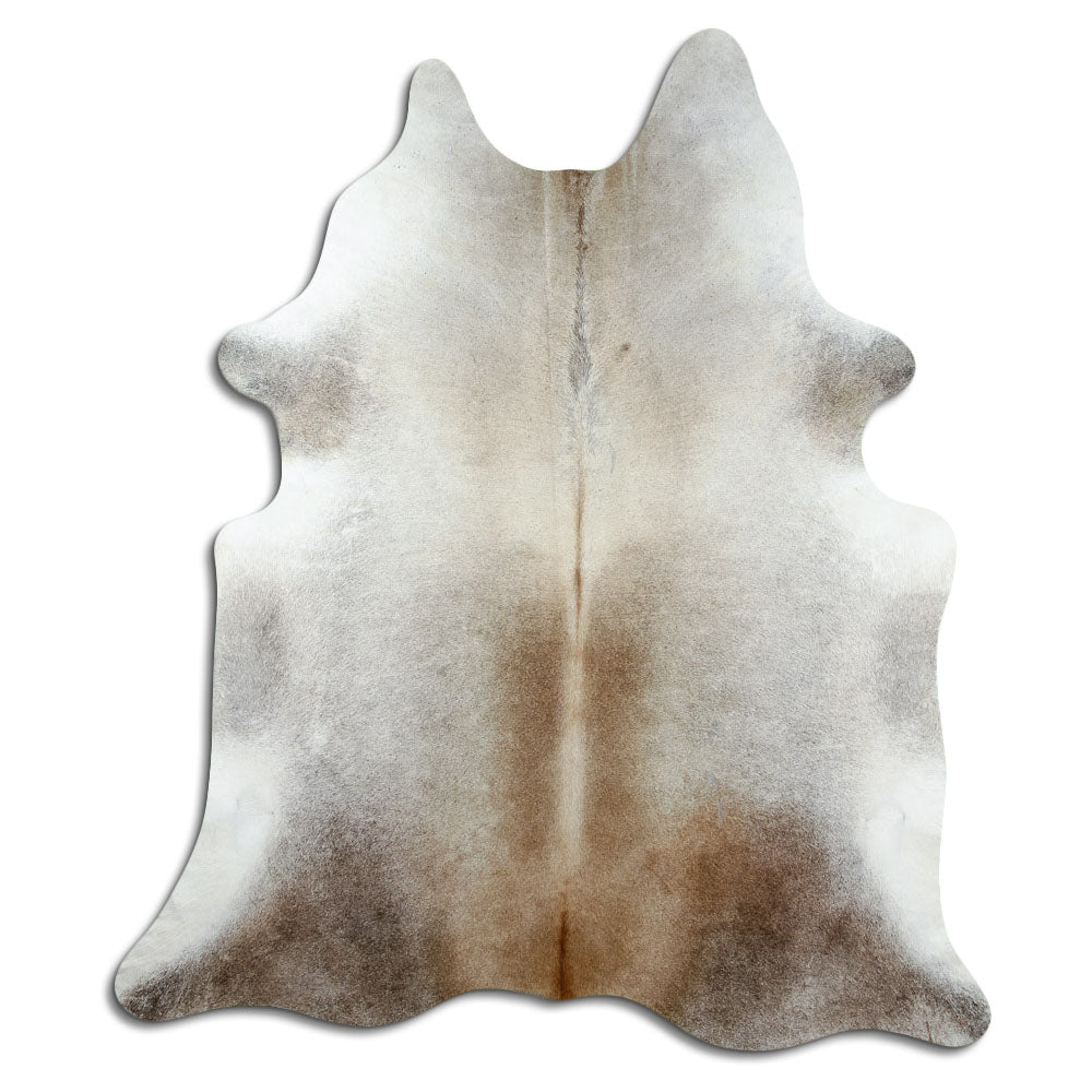Tan and grey cowhide rug of about 210 × 180 cm, seen from above: the exact hide you receive