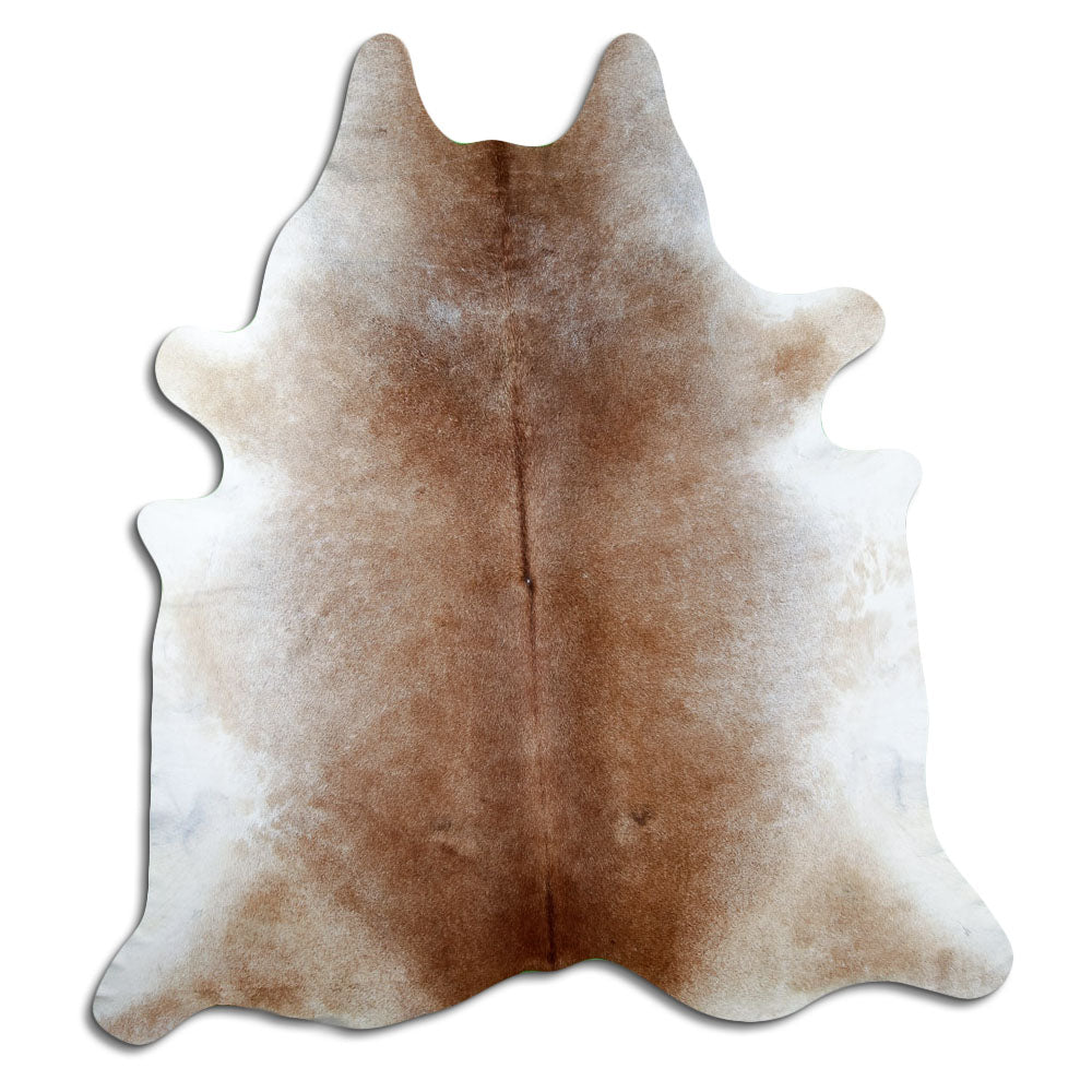 Tan and grey cowhide rug of about 230 × 210 cm, seen from above: the exact hide you receive