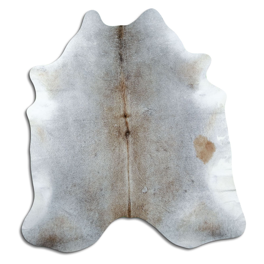 Tan and grey cowhide rug of about 220 × 200 cm, seen from above: the exact hide you receive