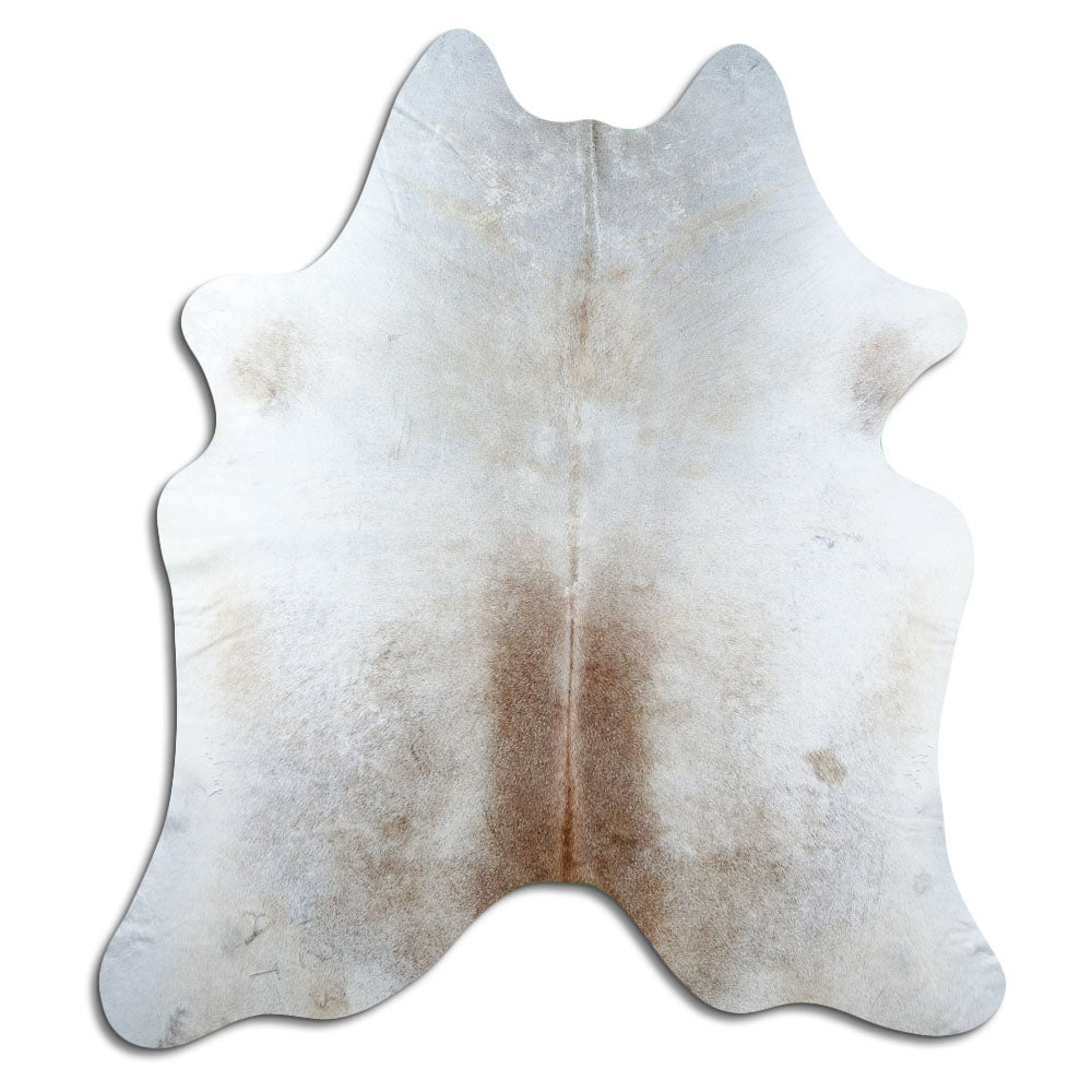 Tan and grey cowhide rug of about 210 × 190 cm, seen from above: the exact hide you receive