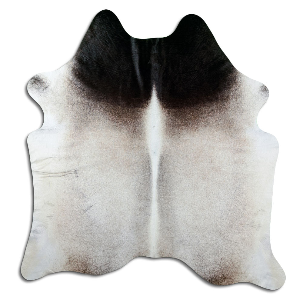 Tan and grey cowhide rug of about 190 × 190 cm, seen from above: the exact hide you receive