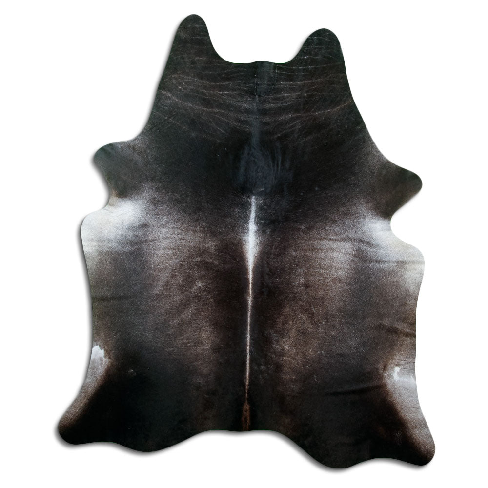 Tan and grey cowhide rug of about 210 × 180 cm, seen from above: the exact hide you receive