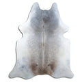 Tan and grey cowhide rug of about 220 × 190 cm, seen from above: the exact hide you receive