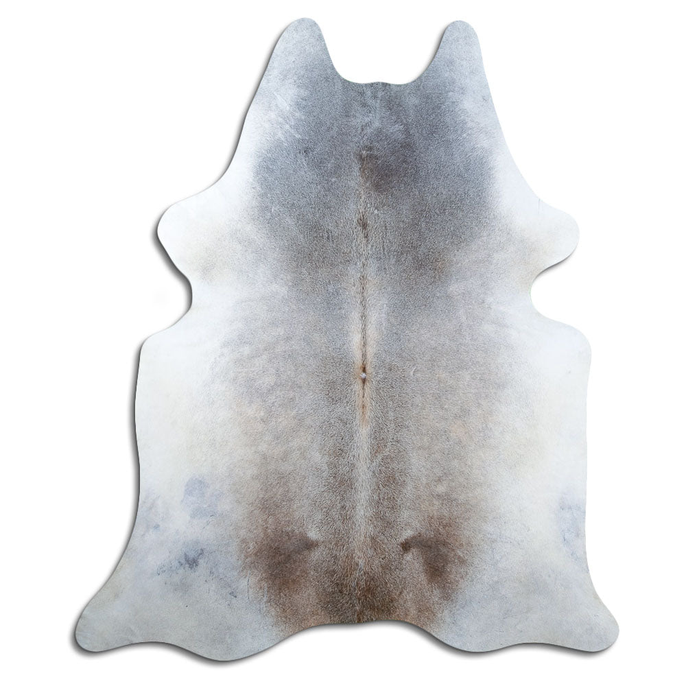 Tan and grey cowhide rug of about 220 × 190 cm, seen from above: the exact hide you receive