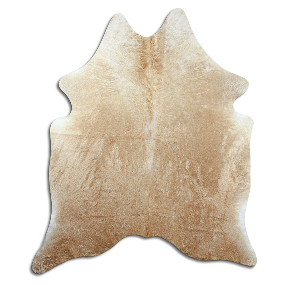 Brown cowhide rug of about 200 × 180 cm, seen from above: the exact hide you receive