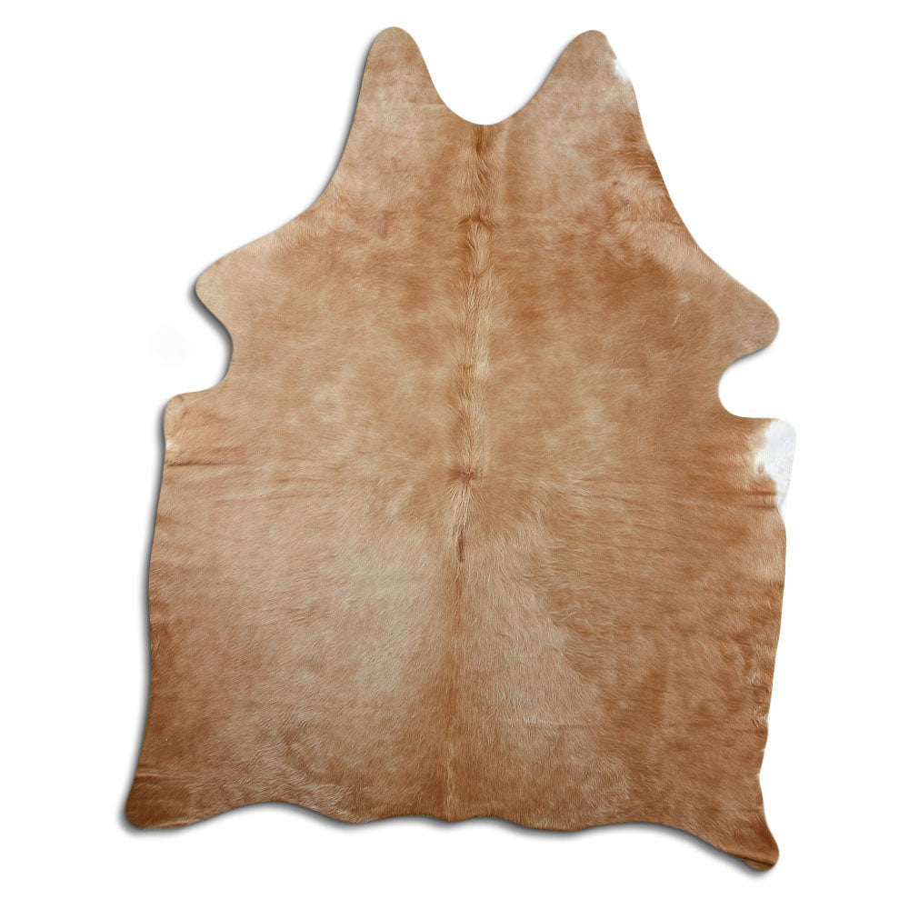 Brown cowhide rug of about 180 × 150 cm, seen from above: the exact hide you receive
