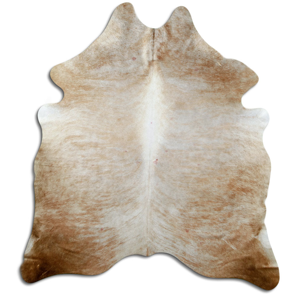 Brown cowhide rug of about 180 × 170 cm, seen from above: the exact hide you receive