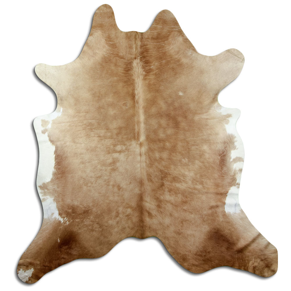 Brown cowhide rug of about 230 × 210 cm, seen from above: the exact hide you receive