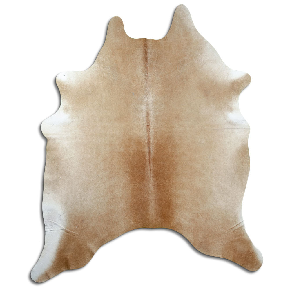Brown cowhide rug of about 210 × 180 cm, seen from above: the exact hide you receive