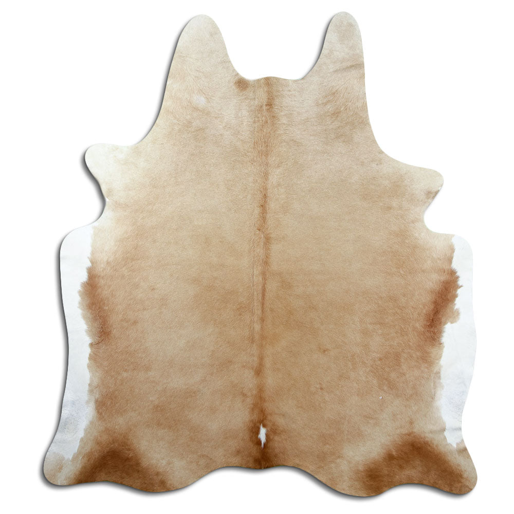 Brown cowhide rug of about 200 × 180 cm, seen from above: the exact hide you receive