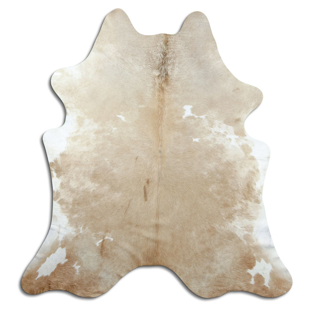 Brown cowhide rug of about 210 × 190 cm, seen from above: the exact hide you receive