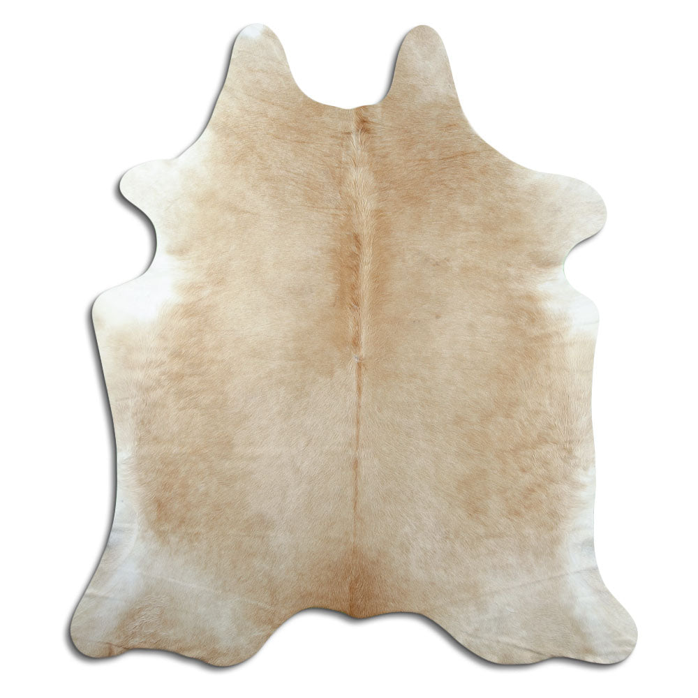 Brown cowhide rug of about 200 × 180 cm, seen from above: the exact hide you receive
