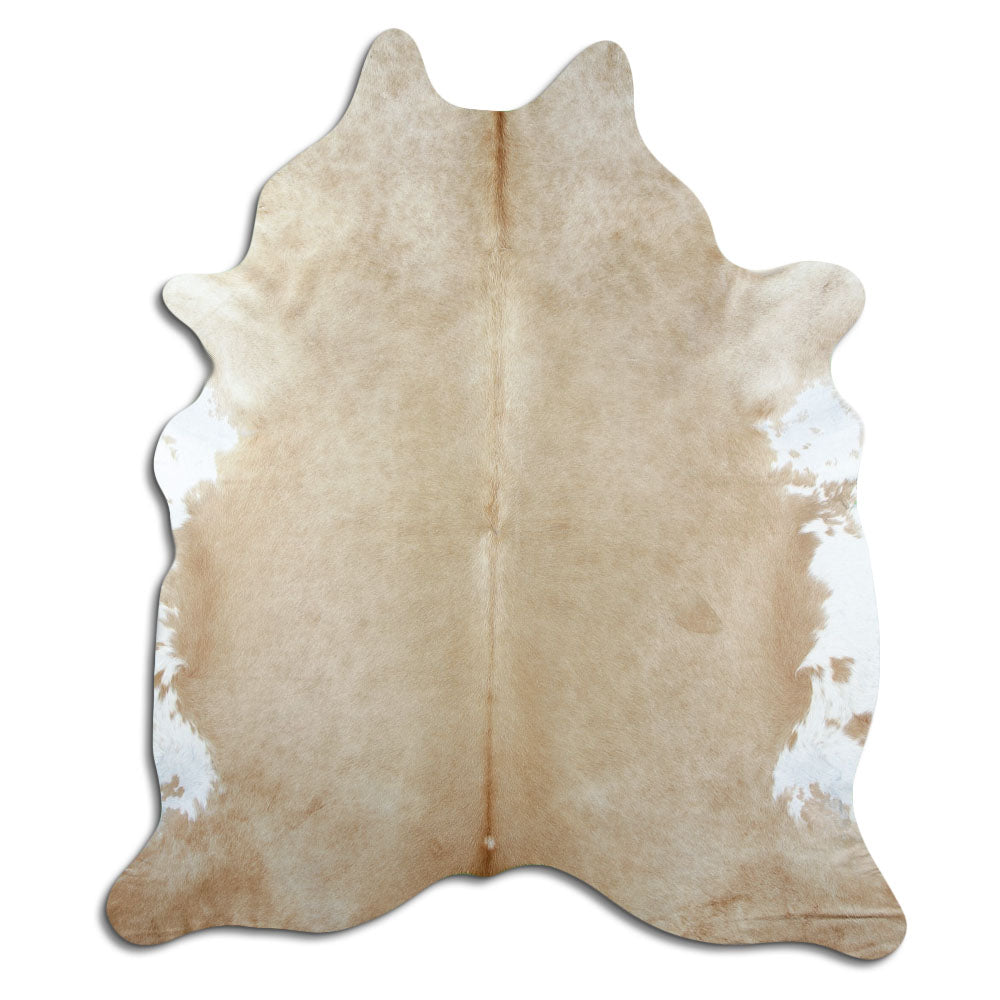 Brown cowhide rug of about 210 × 180 cm, seen from above: the exact hide you receive