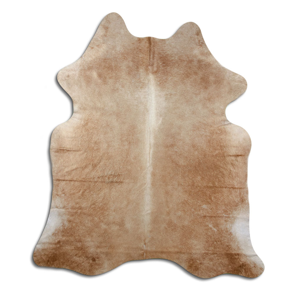 Brown cowhide rug of about 190 × 170 cm, seen from above: the exact hide you receive