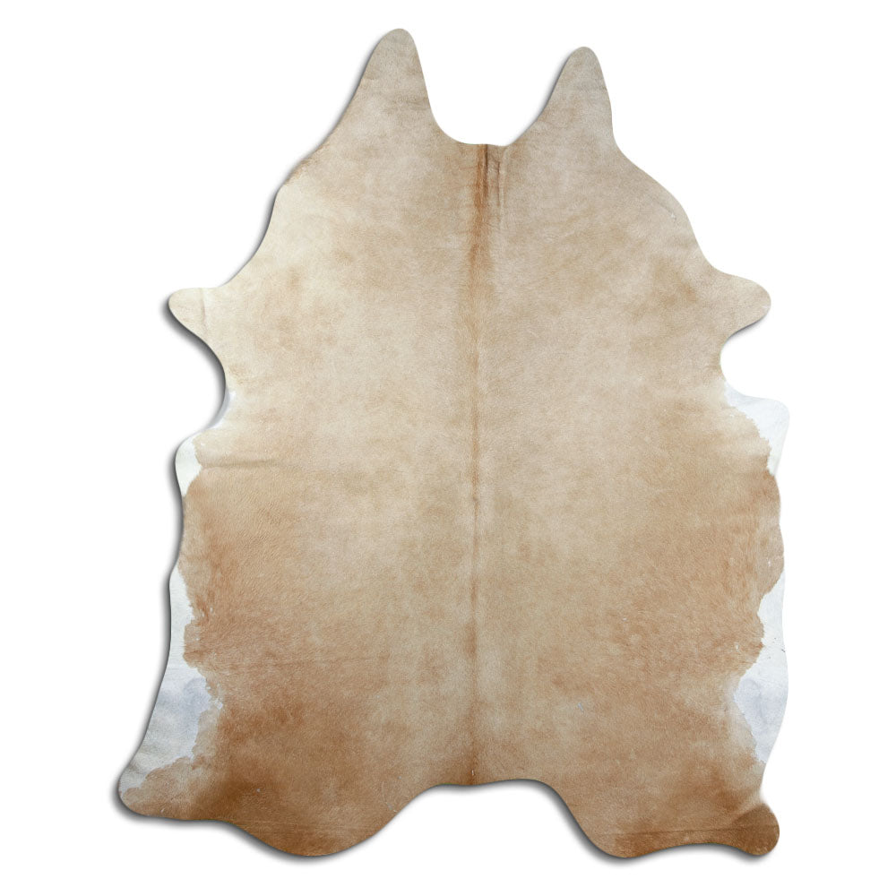 Brown cowhide rug of about 240 × 190 cm, seen from above: the exact hide you receive