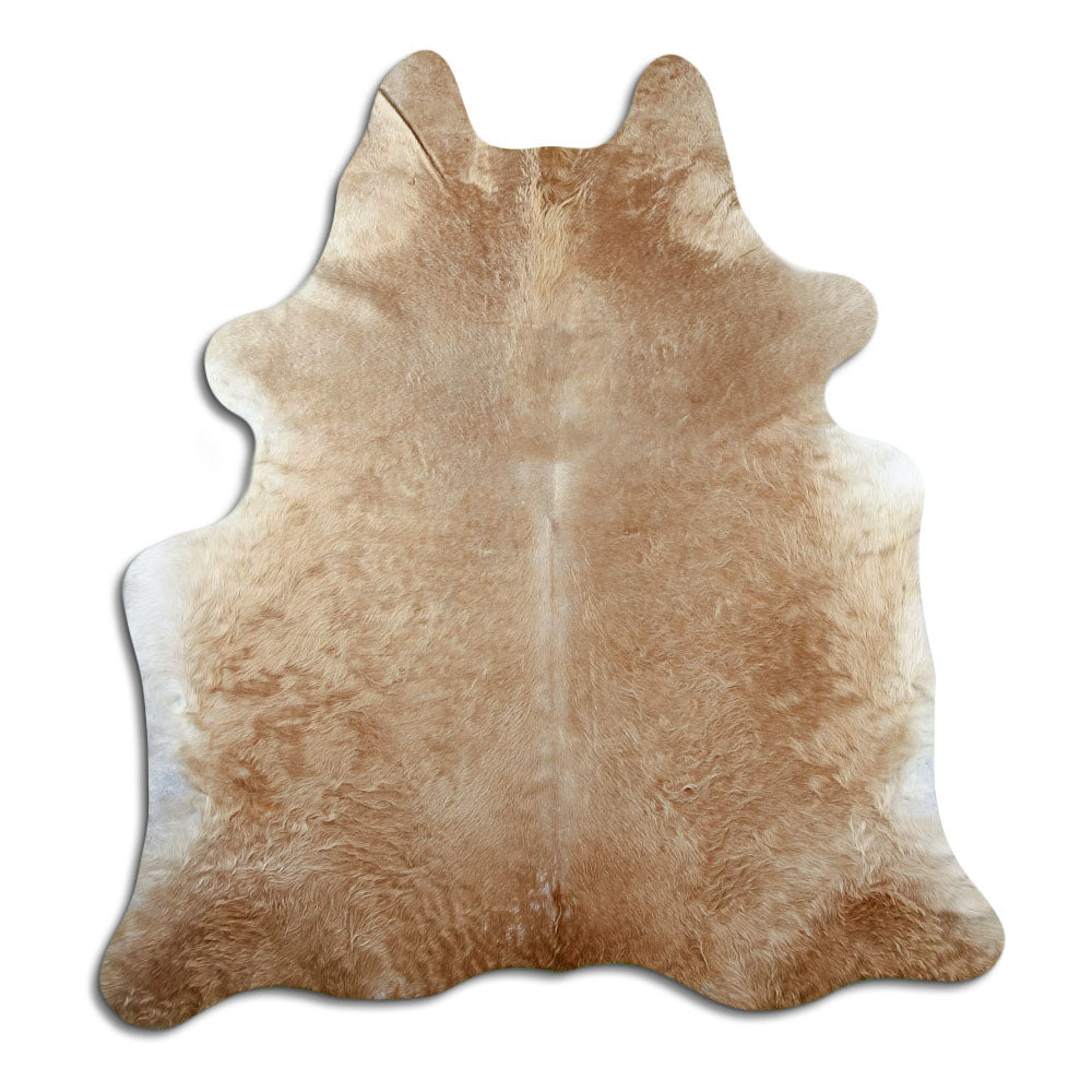 Brown cowhide rug of about 200 × 180 cm, seen from above: the exact hide you receive