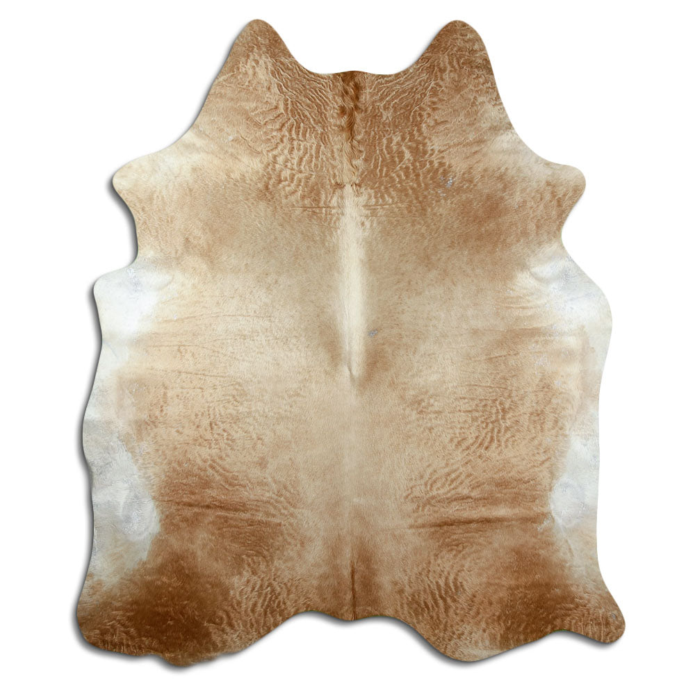 Brown cowhide rug of about 220 × 190 cm, seen from above: the exact hide you receive