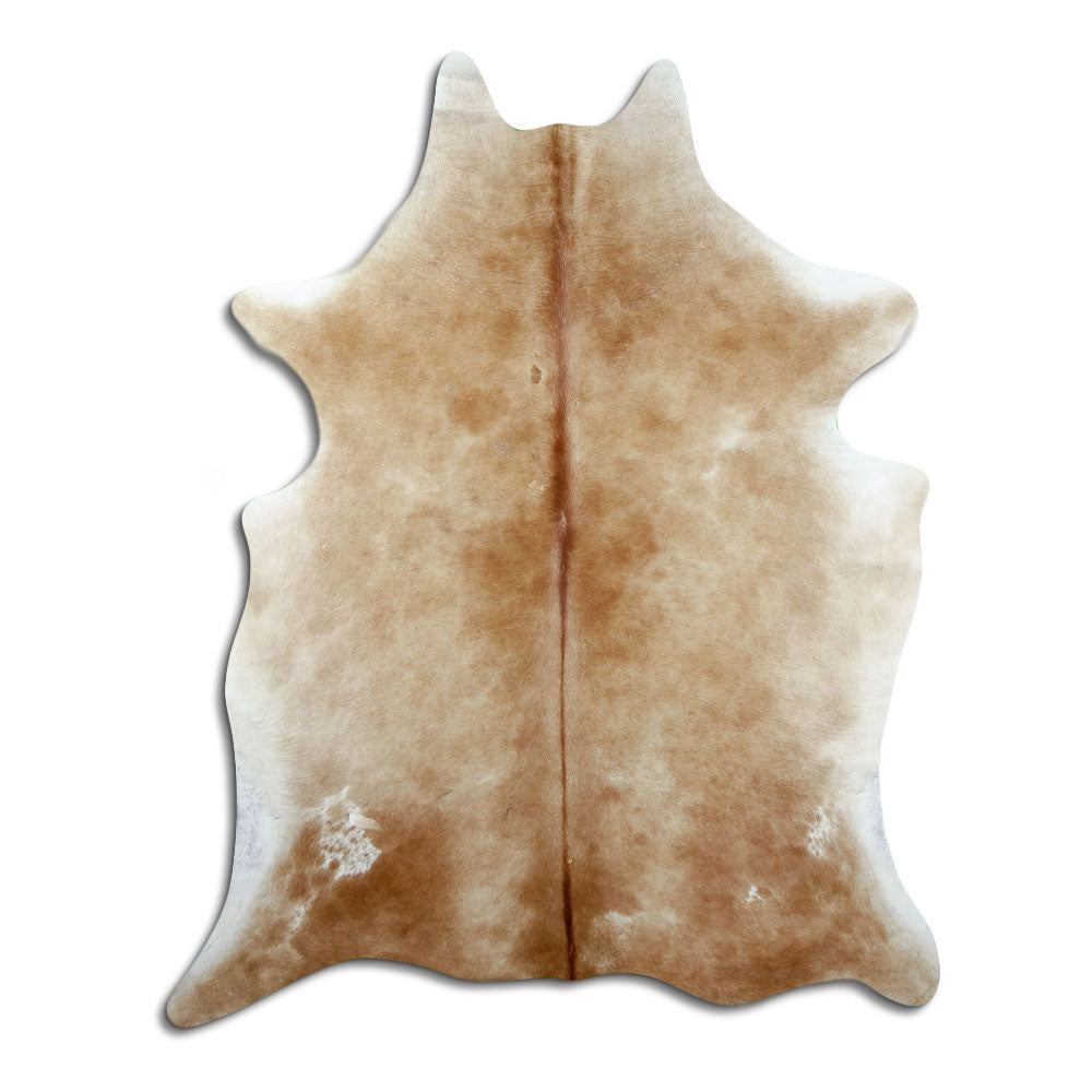 Brown cowhide rug of about 210 × 170 cm, seen from above: the exact hide you receive