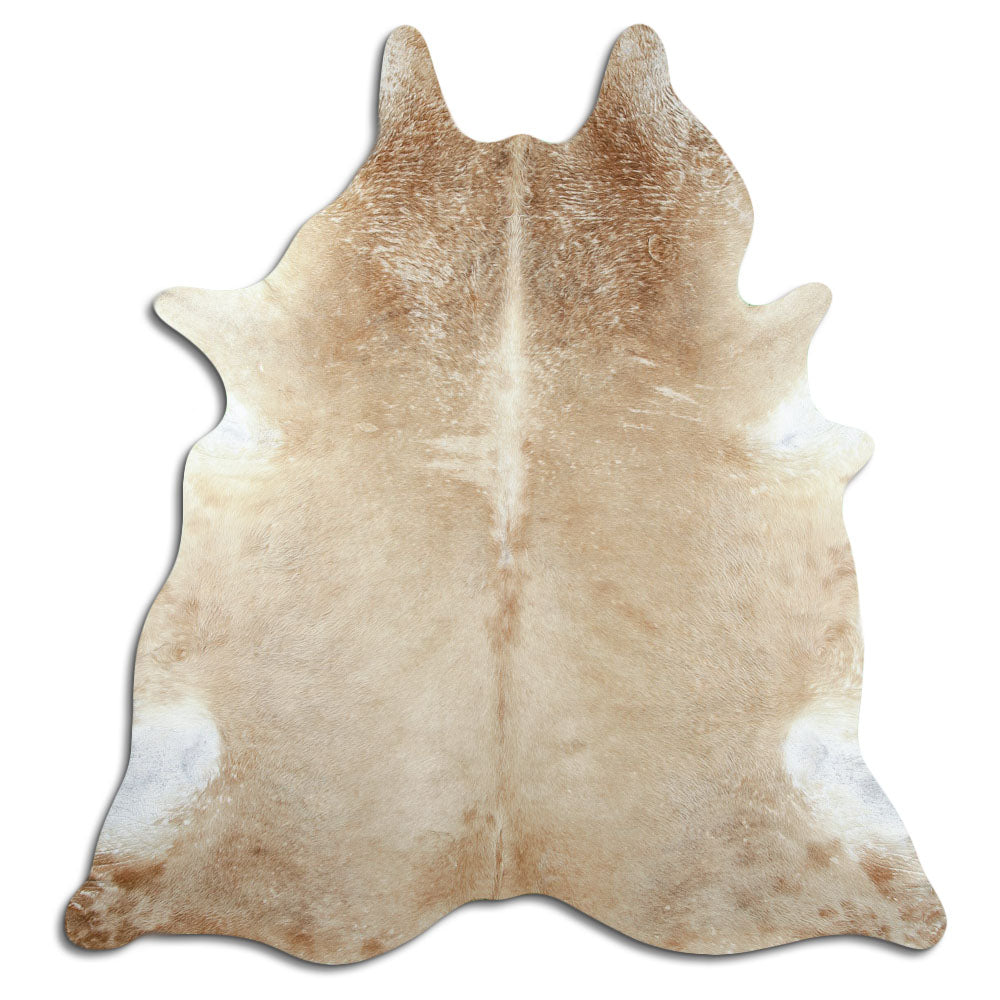 Brown cowhide rug of about 220 × 210 cm, seen from above: the exact hide you receive