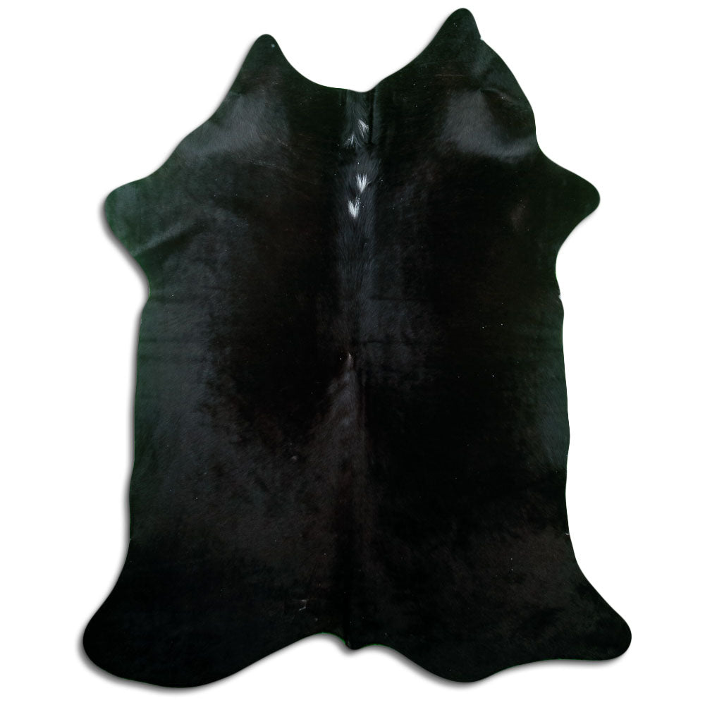 Black cowhide rug of about 190 × 160 cm, seen from above: the exact hide you receive