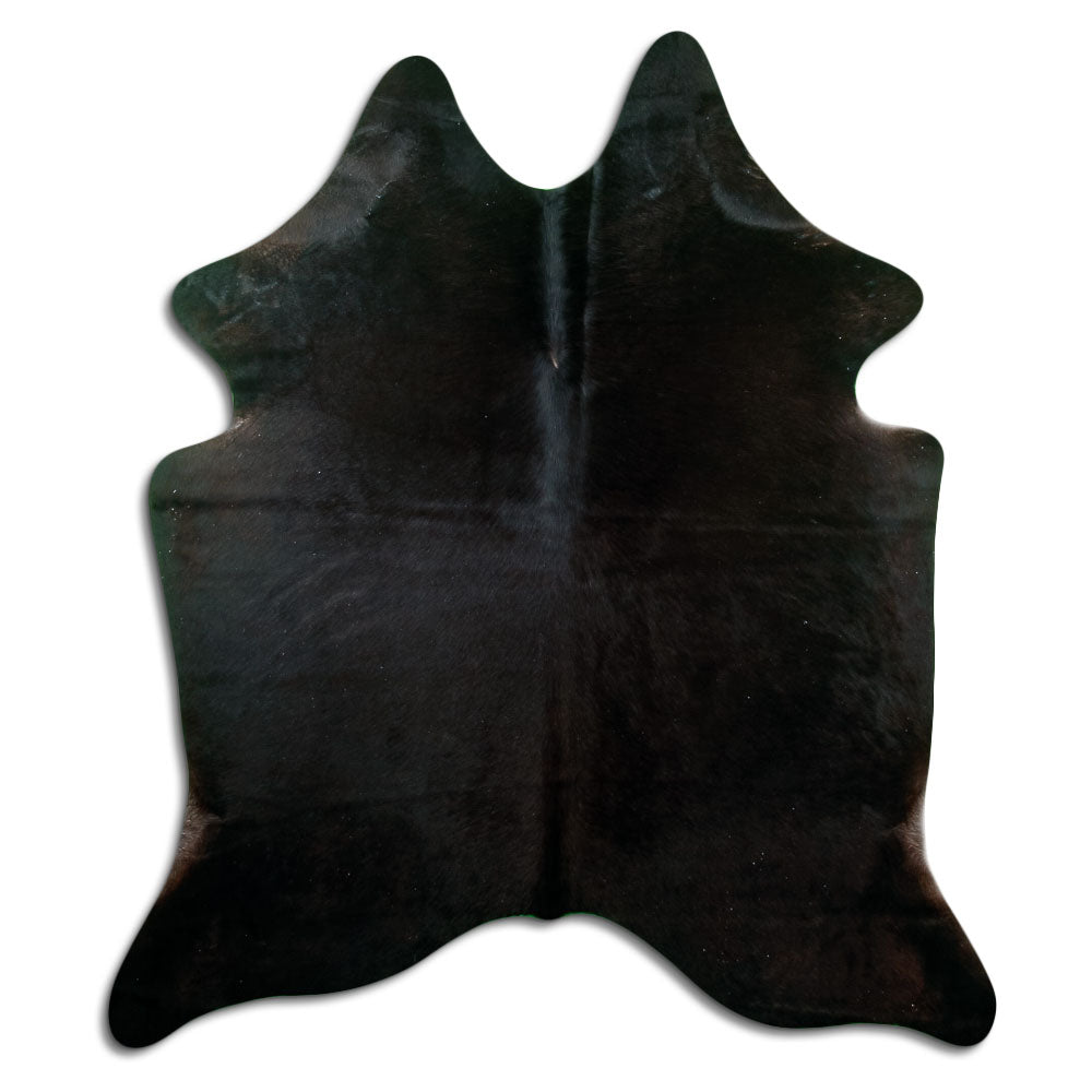 Black cowhide rug of about 190 × 170 cm, seen from above: the exact hide you receive
