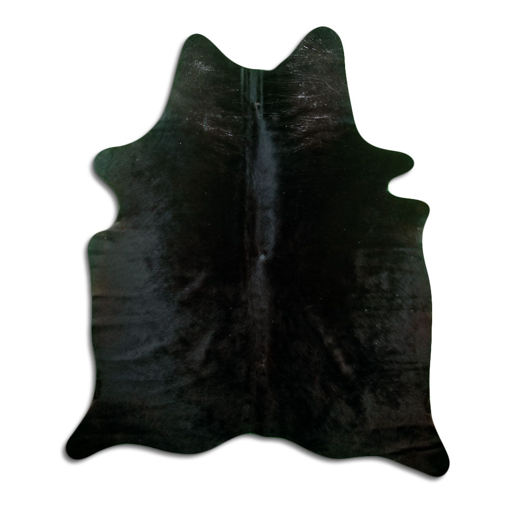 Black cowhide rug of about 170 × 150 cm, seen from above: the exact hide you receive