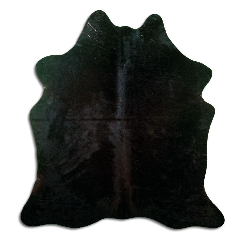 Black cowhide rug of about 180 × 170 cm, seen from above: the exact hide you receive