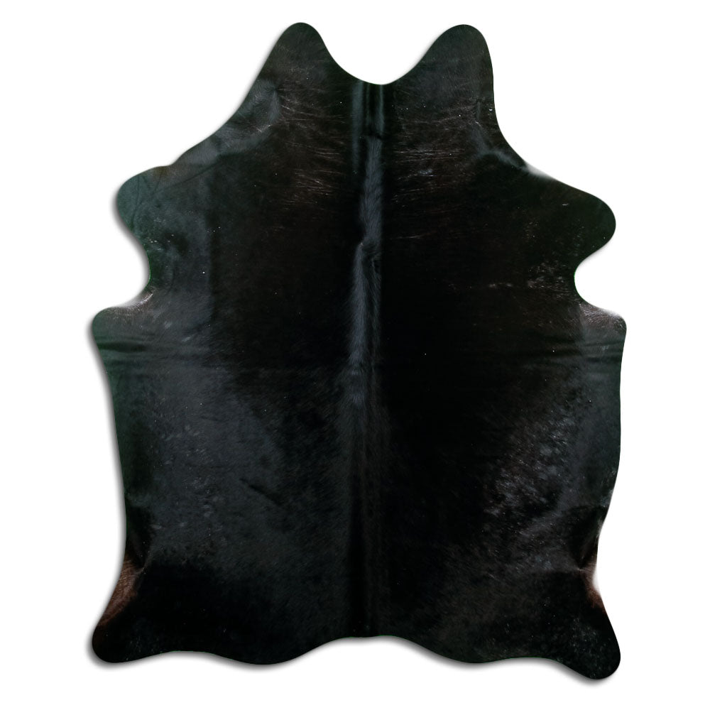 Black cowhide rug of about 190 × 150 cm, seen from above: the exact hide you receive