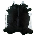 Black cowhide rug of about 220 × 190 cm, seen from above: the exact hide you receive