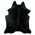 Black cowhide rug of about 200 × 160 cm, seen from above: the exact hide you receive