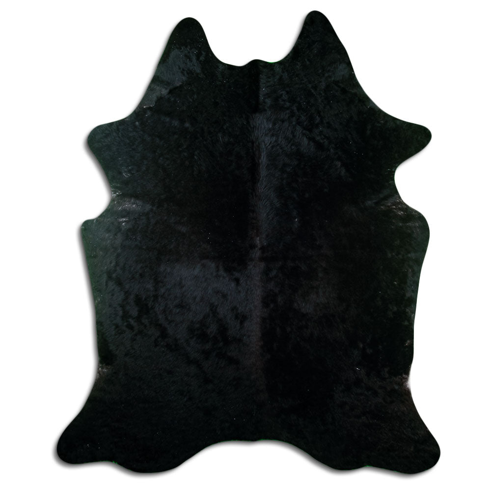 Black cowhide rug of about 220 × 180 cm, seen from above: the exact hide you receive
