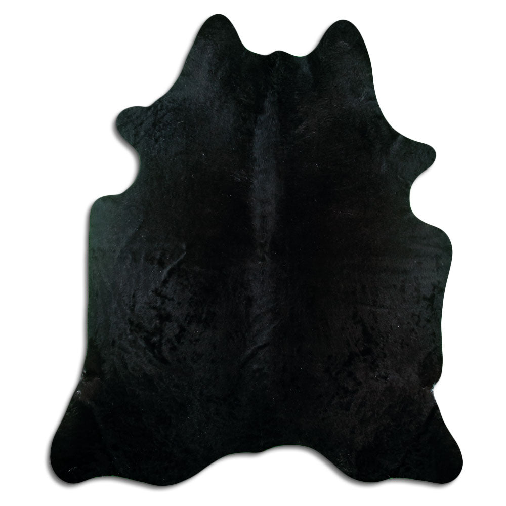 Black cowhide rug of about 220 × 190 cm, seen from above: the exact hide you receive