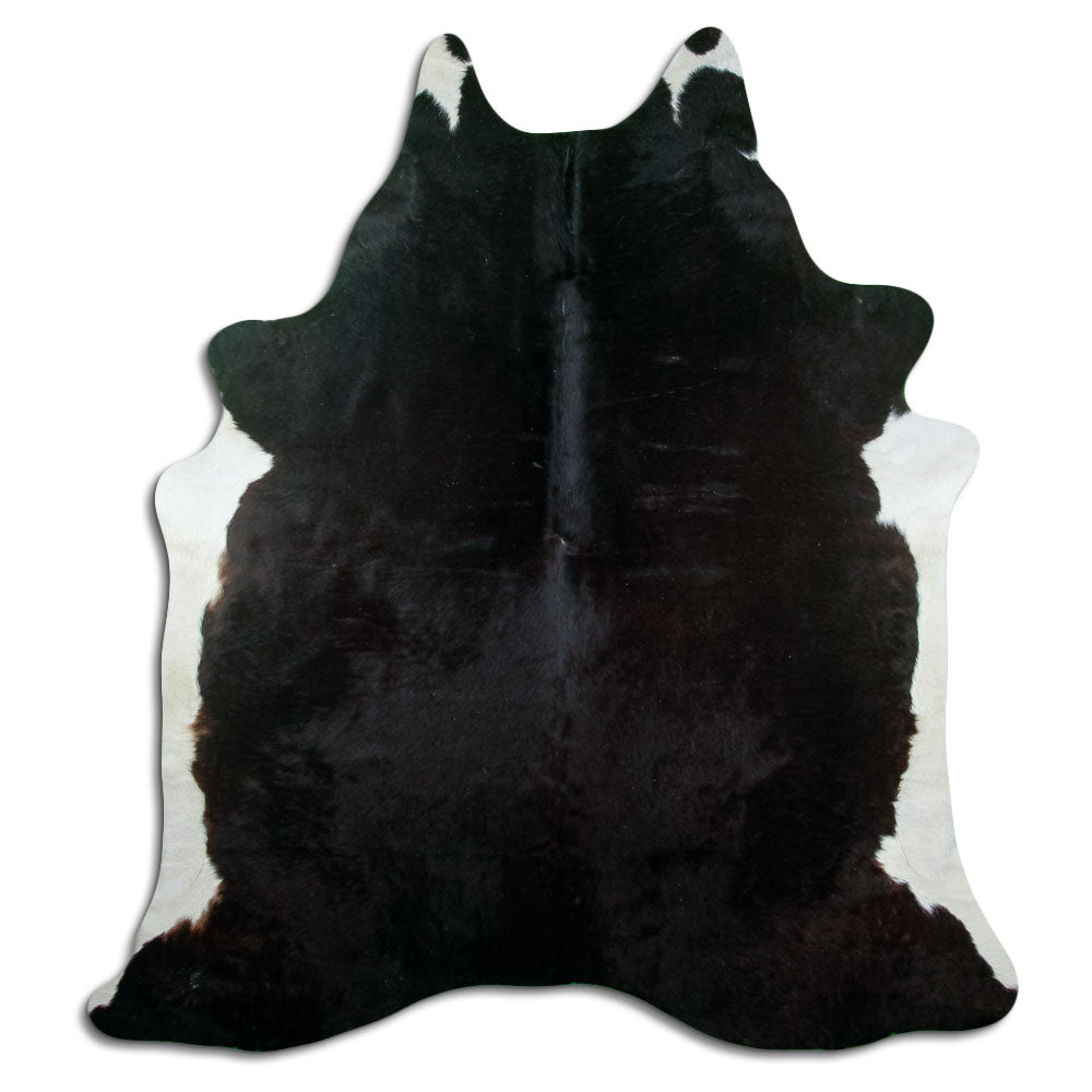 Black cowhide rug of about 210 × 190 cm, seen from above: the exact hide you receive